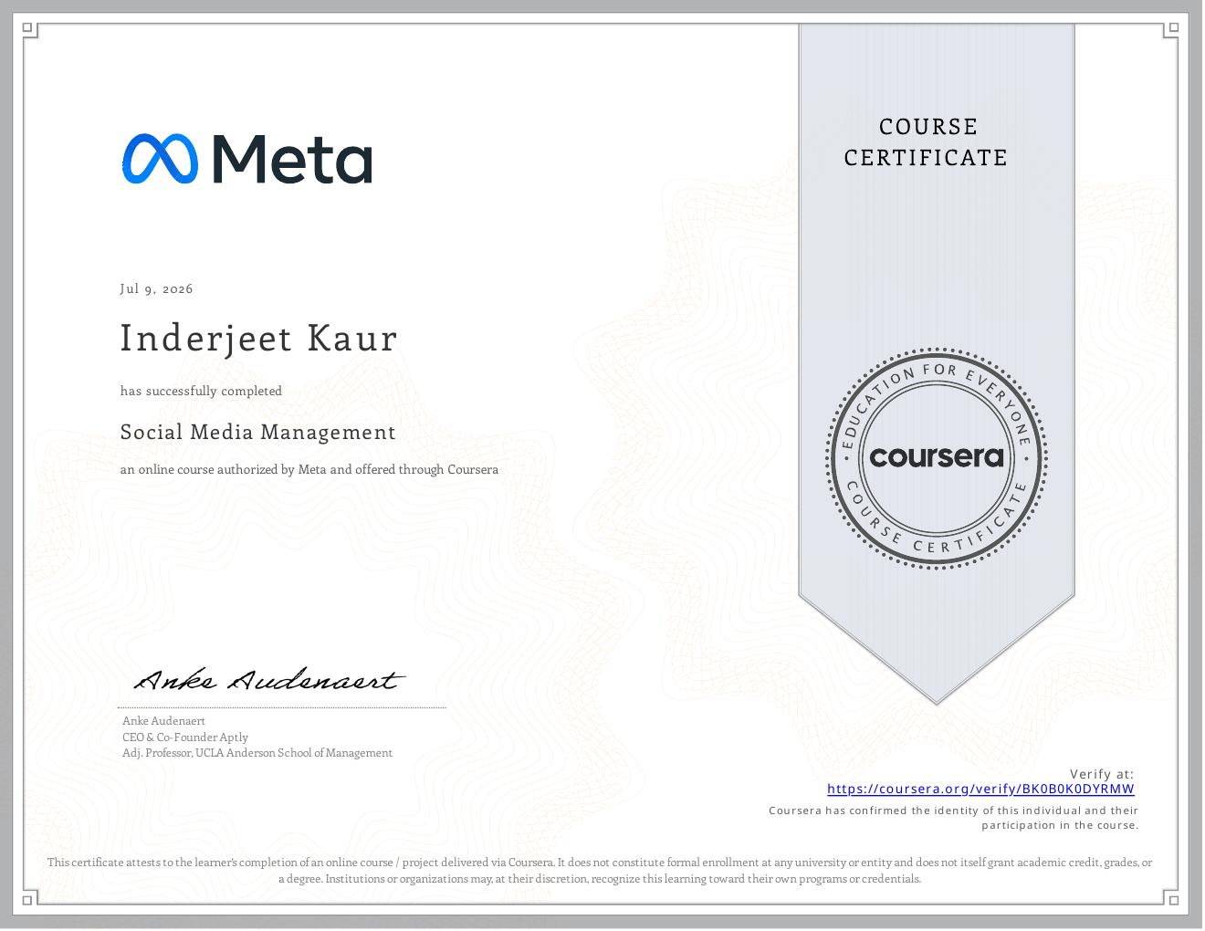 Social Media Management certificate issued by Meta
