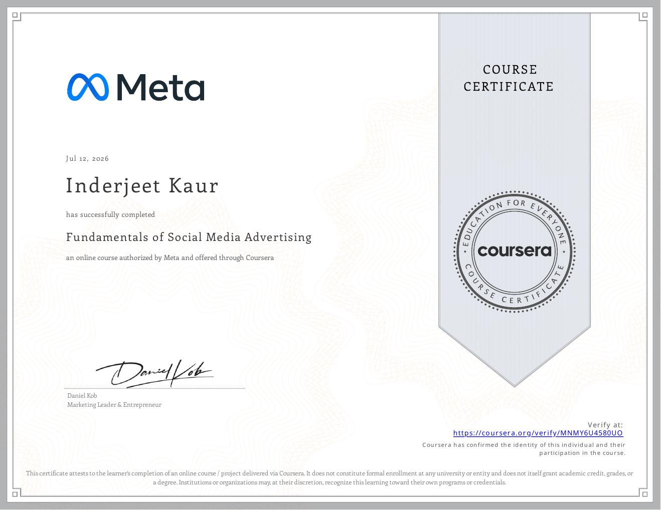 Fundamentals of Social Media Advertising certificate issued by Meta