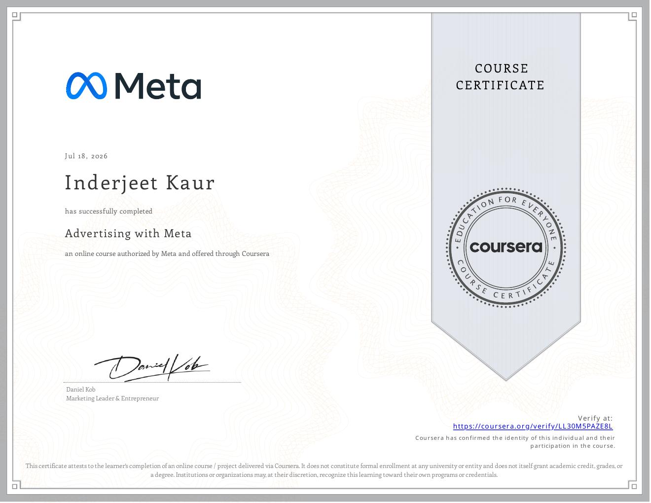 Advertising with Meta certificate issued by Meta