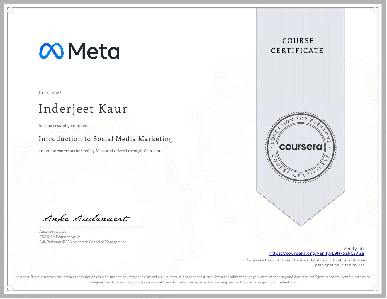 Introduction to Social Media Marketing certificate issued by Meta
